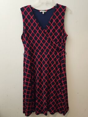 Hawthorne Kassidy Faux Wrap Dress Navy/Red Arabesque Print Office Church 4th JUL